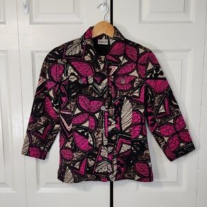 Chico's Womens Fuchsia & Black Button Up Blazer Jacket Size 0/SM Abstract Office